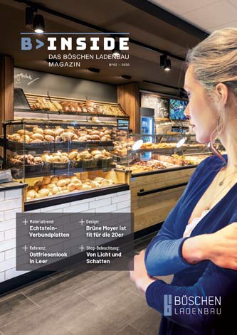 Titelbild des Magazins „B>INSIDE – Das Böschen Ladenbau Magazin“, Ausgabe 2/2020, mit einer Frau im Profil im Vordergrund, die auf eine modern gestaltete Bäckereitheke blickt.