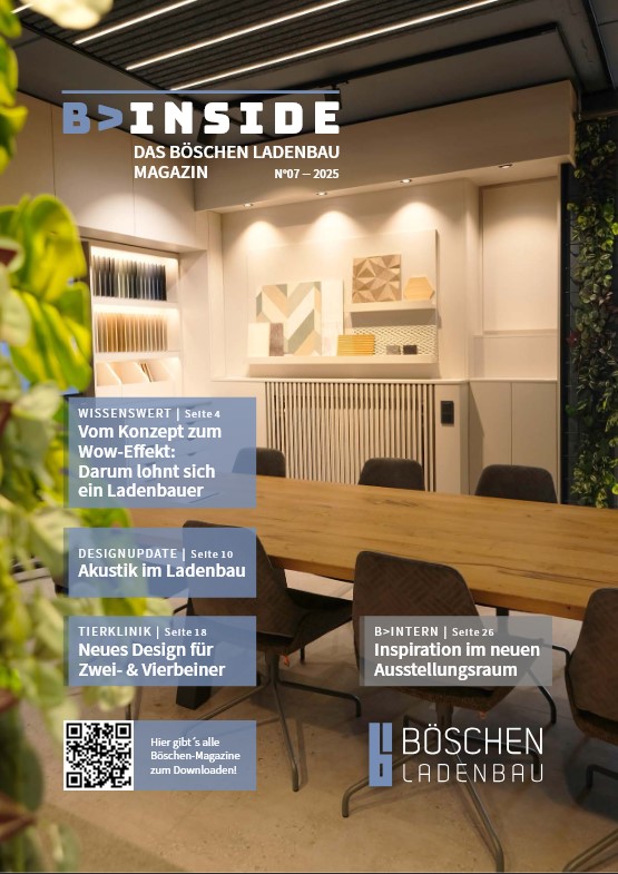 Titelbild der Ausgabe 07/2025 des Böschen Ladenbau Magazins mit modernem Konferenzraum und Themen wie Akustik, Tierklinikdesign und Ausstellungsgestaltung.